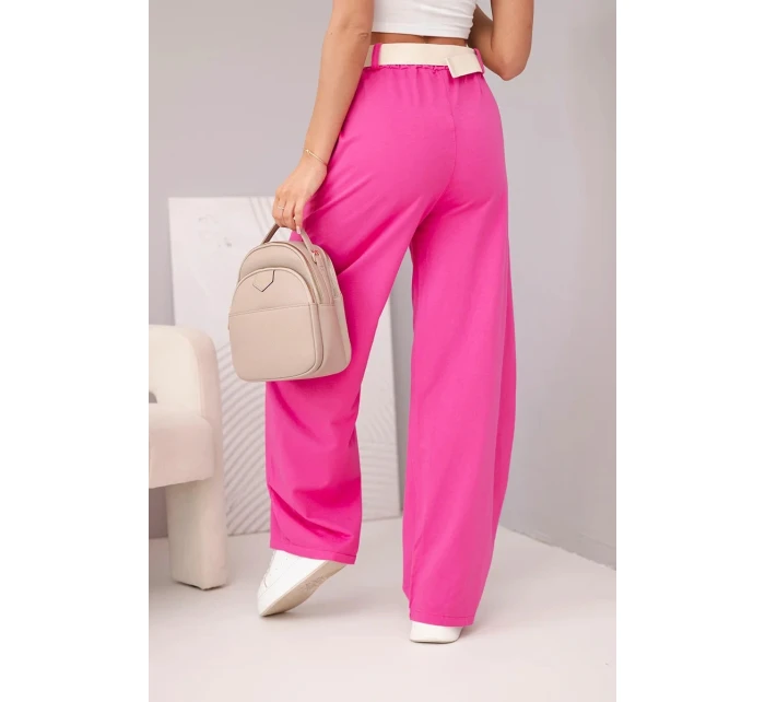 Dámské bavlněné kalhoty se širokými nohavicemi a pásem růžové Dámské bavlněné kalhoty se širokými nohavicemi a pásem růžové