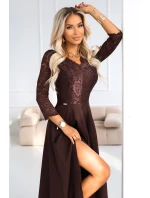 309-14 AMBER elegantní dlouhé krajkové šaty s výstřihem - čokoládové 309-14 AMBER elegantní dlouhé krajkové šaty s výstřihem - čokoládové