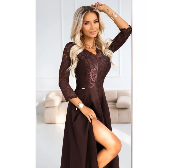 309-14 AMBER elegantní dlouhé krajkové šaty s výstřihem - čokoládové 309-14 AMBER elegantní dlouhé krajkové šaty s výstřihem - čokoládové