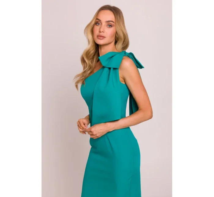 model 20970633 Šaty na jedno rameno s mašlí tyrkysové - Moe