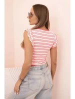 Dámská pruhovaná blůza s nařasením a volánky neonově růžová Dámská pruhovaná blůza s nařasením a volánky neonově růžová