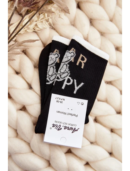 Dámské bavlněné ponožky s nápisem a medvídkem černé