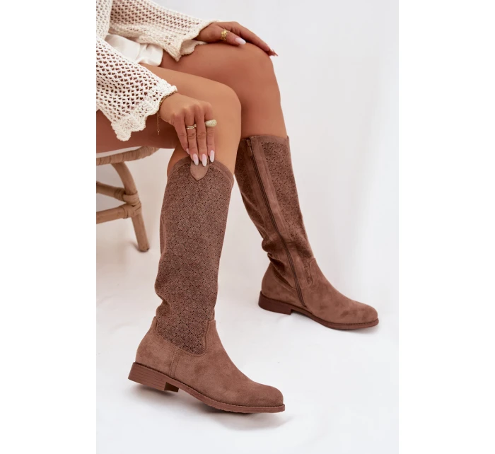 Dámské kozačky s perforovaným vzorem na nízkém podpatku S.Barski HY61-8022 Hnědé