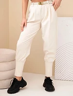 Dámské bavlněné kalhoty s vysokým pasem a páskem béžová