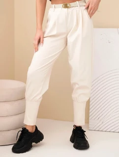 Dámské bavlněné kalhoty s vysokým pasem a páskem béžová