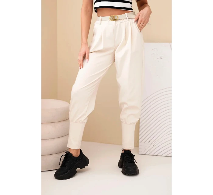 Dámské bavlněné kalhoty s vysokým pasem a páskem béžová