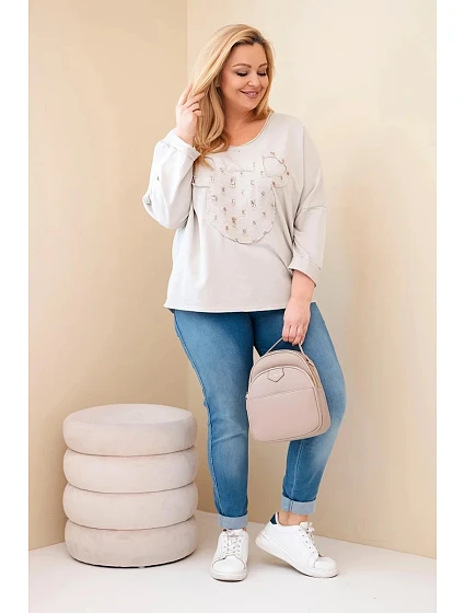 Dámská bavlněná blůza Plus Size s výstřihem do V béžová Dámská bavlněná blůza Plus Size s výstřihem do V béžová