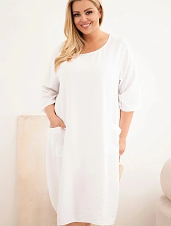 Dámské šaty Plus Size viskózové s kapsami krátký rukáv bílá