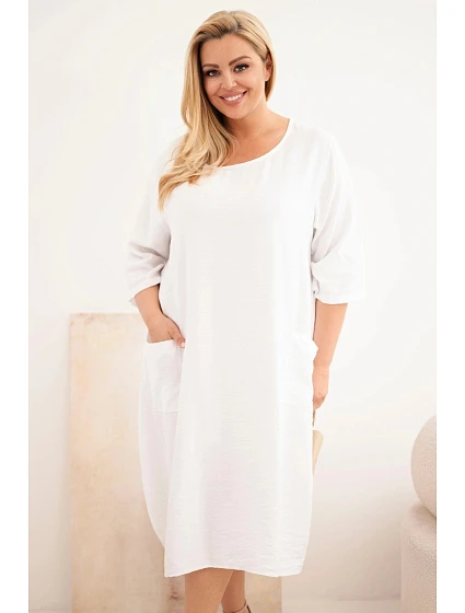 Dámské šaty Plus Size viskózové s kapsami krátký rukáv bílá