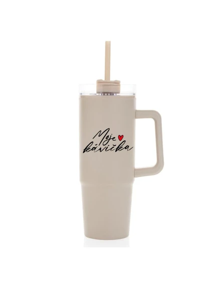 MOJE KÁVIČKA - béžový cestovní termohrnek s průhledným víčkem 900 ml