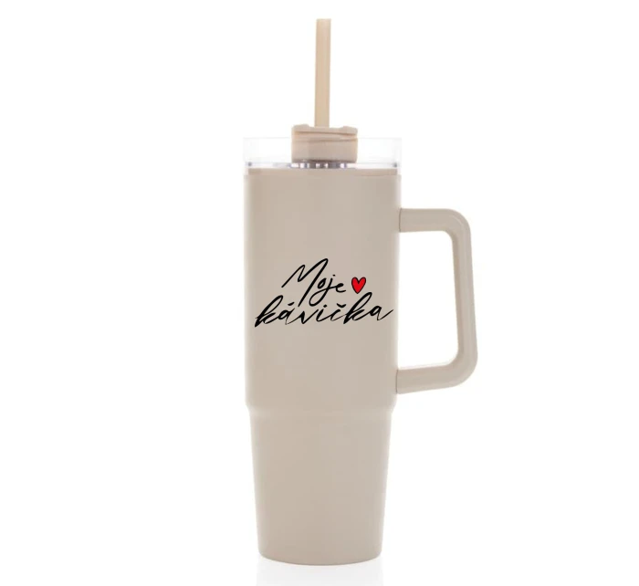 MOJE KÁVIČKA - béžový cestovní termohrnek s průhledným víčkem 900 ml