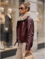 Dámská zimní bunda z ekokůže s kožešinovým lemem, vínová, FashionStreet TY5707 Dámská zimní bunda z ekokůže s kožešinovým lemem, vínová, FashionStreet TY5707