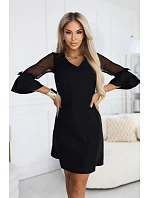 668-1 Trapézové brokátové šaty s tylovými rukávy a výstřihem do V - černé