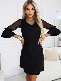 668-1 Trapézové brokátové šaty s tylovými rukávy a výstřihem do V - černé