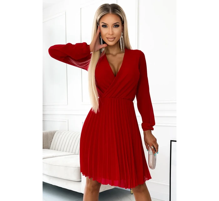 313-13 ISABELLE Plisované šaty s dlouhým rukávem a obálkovým výstřihem - ČERVENÉ