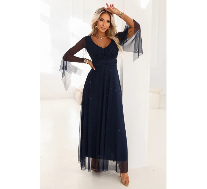 655-3 Dlouhé lehké třpytivé šaty s výstřihem a průhlednými rukávy - tmavě modré 655-3 Dlouhé lehké třpytivé šaty s výstřihem a průhlednými rukávy - tmavě modré