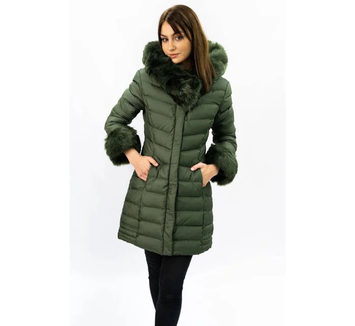 Prošívaná dámská zimní bunda v khaki barvě s kapucí (w750-1)