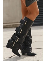 Dámské kozačky na podpatku s vyhrnutou holení a zlatými přezkami Isavelle – černé Dámské kozačky na podpatku s vyhrnutou holení a zlatými přezkami Isavelle – černé