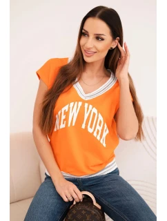 Dámská bavlněná halenka s výstřihem do V a potiskem NEW YORK oranžová