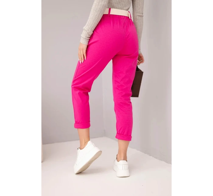 Dámské bavlněné kalhoty s páskem a ohrnutými nohavicemi model 22010182 - K-Fashion