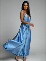 Dlouhé modré saténové šaty s ramínky