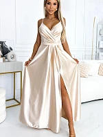 512-3 JULIET elegantní dlouhé saténové šaty s výstřihem a rozparkem na nohou - BEACH