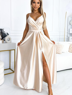 JULIET - Elegantní dlouhé béžové dámské saténové šaty s výstřihem a rozparkem na noze 512-3