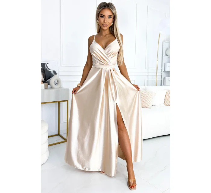 512-3 JULIET elegantní dlouhé saténové šaty s výstřihem a rozparkem na nohou - BEACH