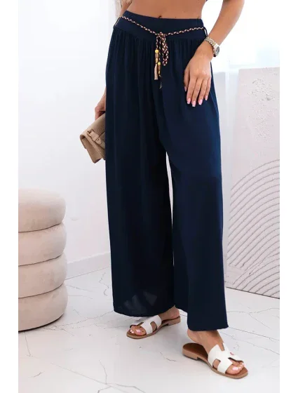 Dámské kalhoty z viskózy se širokými nohavicemi námořnická modř