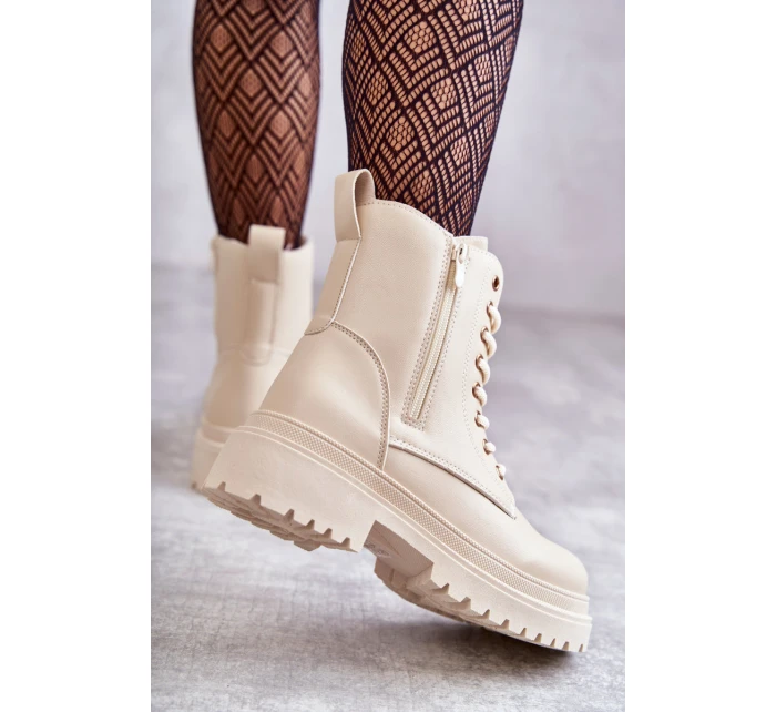 Dámské zateplené kožené kozačky světle béžové model 21598620 - EVENTO