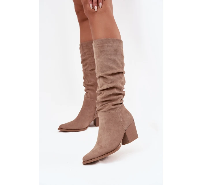 Dámské kozačky s horní částí na podpatku vyhřívané béžové model 21715049 - Boto