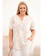 Dámská bavlněná halenka Plus Size s krátkým rukávem a ozdobným knoflíkem béžová