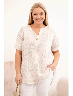 Dámská bavlněná halenka Plus Size s krátkým rukávem a ozdobným knoflíkem béžová