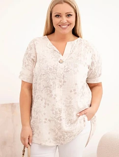 Dámská bavlněná halenka Plus Size s krátkým rukávem a ozdobným knoflíkem béžová