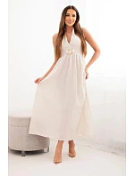 Dámské maxi šaty z viskózy vázané u krku s ozdobnou sponou béžová Dámské maxi šaty z viskózy vázané u krku s ozdobnou sponou béžová