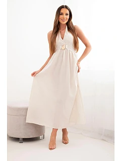 Dámské maxi šaty z viskózy vázané u krku s ozdobnou sponou béžová