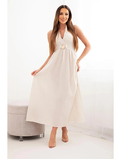 Dámské maxi šaty z viskózy vázané u krku s ozdobnou sponou béžová Dámské maxi šaty z viskózy vázané u krku s ozdobnou sponou béžová