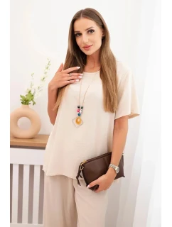 Dámský komplet s volnou halenkou a širokými nohavicemi béžový