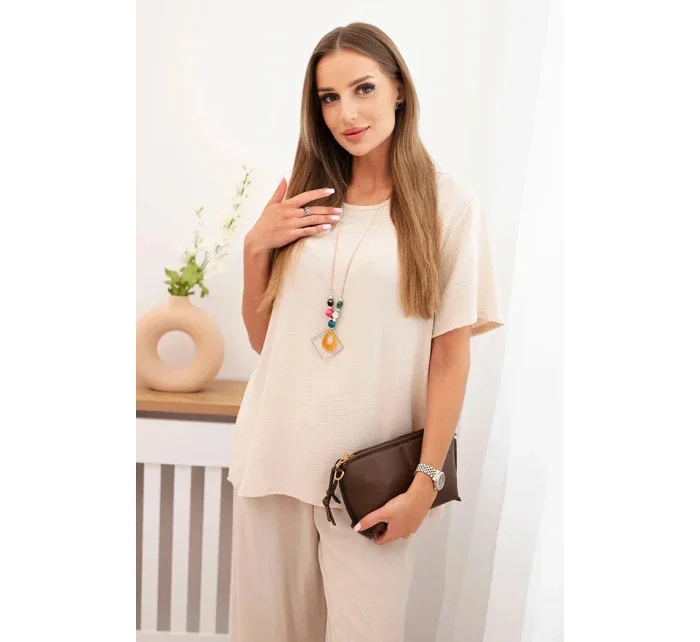 Dámský komplet s volnou halenkou a širokými nohavicemi béžový Dámský komplet s volnou halenkou a širokými nohavicemi béžový