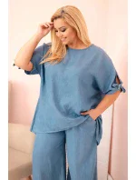 Dámská souprava Plus Size z tencelu, halenka s vázáním a široké kalhoty džínový