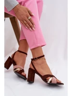 Dámské sandály na podpatku s pásky Eko semišové čokoládové model 21937481 - Boto