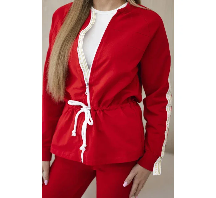 Dámská bavlněná souprava s proužky a stahovacími lemy červený Dámská bavlněná souprava s proužky a stahovacími lemy červený