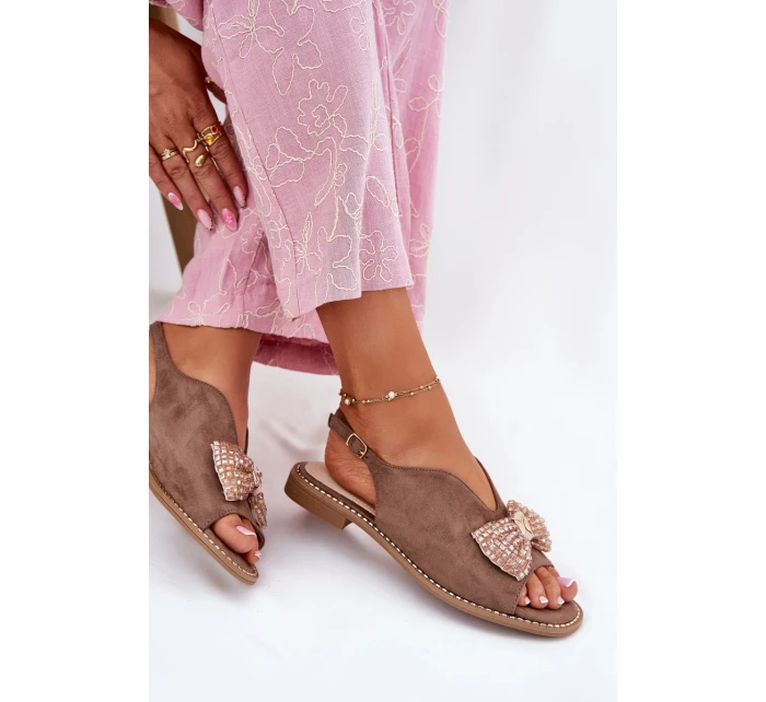 Dámské Sandály S Mašlí Na Plochém Podpatku Béžové S.Barski KV51-014 Dámské Sandály S Mašlí Na Plochém Podpatku Béžové S.Barski KV51-014