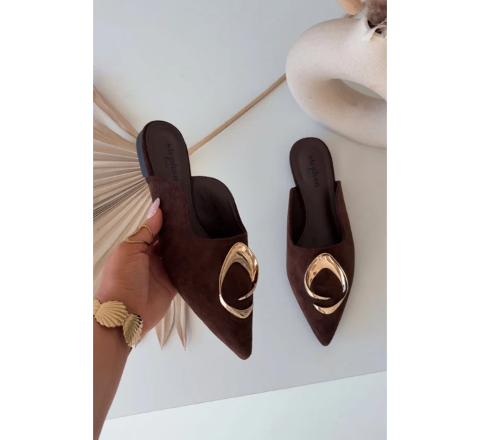 Dámské pantofle Mule s ozdobným zlatým detailem Čokoládové Galvella