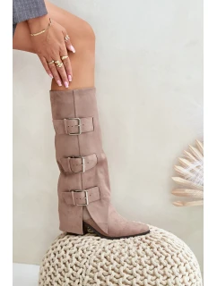 Kozačky Na Podpatku S Ohnutou Holení A Přezkami Béžové Vamissa