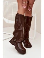 Dámské zateplené kozačky s vyhrnutou holení a přezkou Fiorae – čokoládové, eko semiš Dámské zateplené kozačky s vyhrnutou holení a přezkou Fiorae – čokoládové, eko semiš