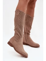 Dámské kozačky na plochém podpatku s prolamovaným vzorem S.Barski – béžové