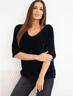 Dámský svetr s příměsí vlny volný s výstřihem do V černý