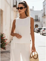 Dámský lněný komplet s kalhotami Polský výrobek ecru FashionStreet AY1175 Dámský lněný komplet s kalhotami Polský výrobek ecru FashionStreet AY1175