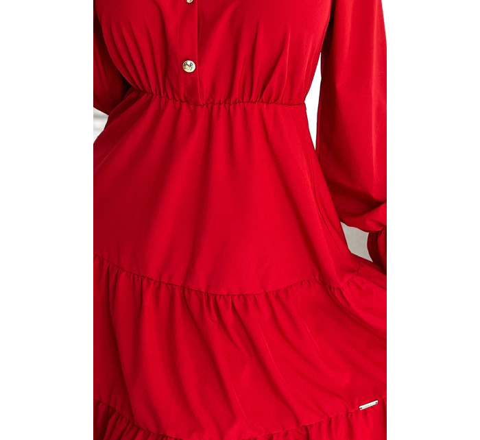 Červené dámské šaty s výstřihem a zlatými knoflíky 395-1